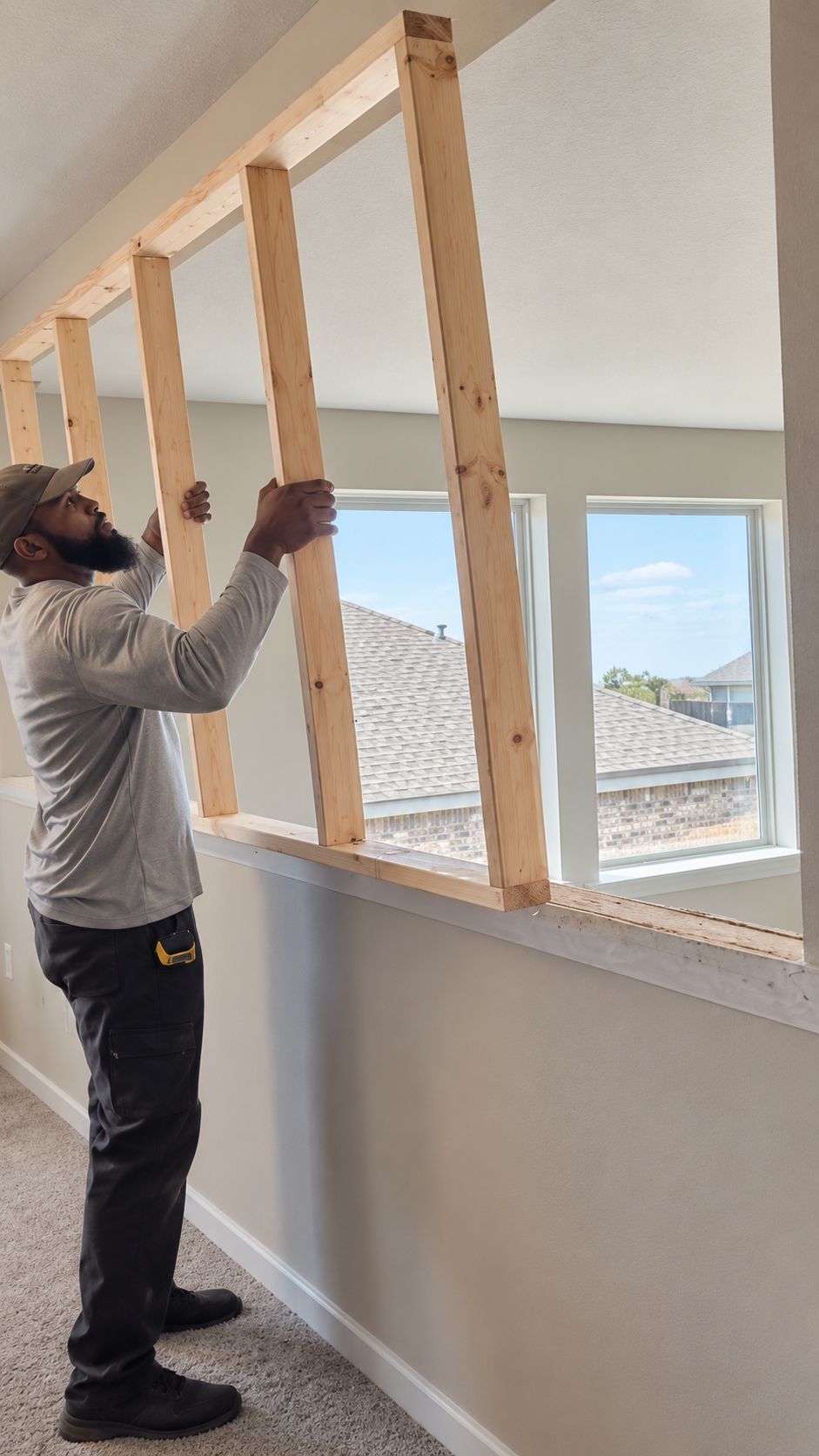 Jon Jon setting wood columns on top of a half wall
