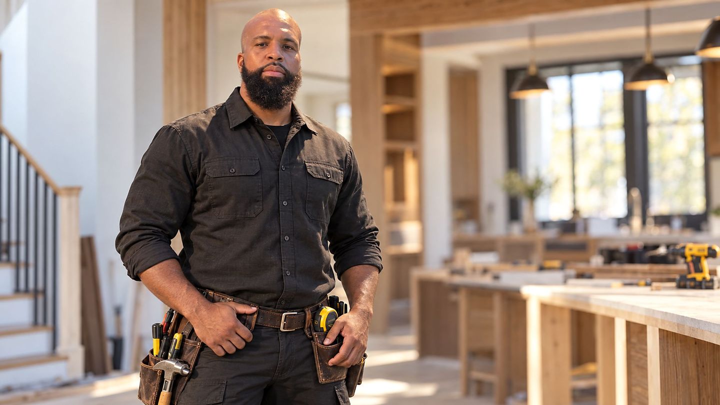 Jon Jon, owner of Mr. Handy Dude, in his work shirt and leather tool belt
